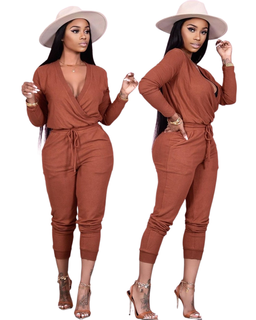 Autumn Casual Solid Plain Drawstrings V-Neck Jumpsuit