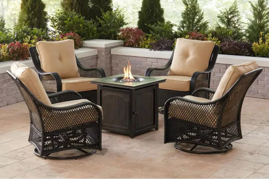 5 Piece Steel Patio Fireplace Conversation Set with Cushions. Spinning Glider and Square Fire Pit Table