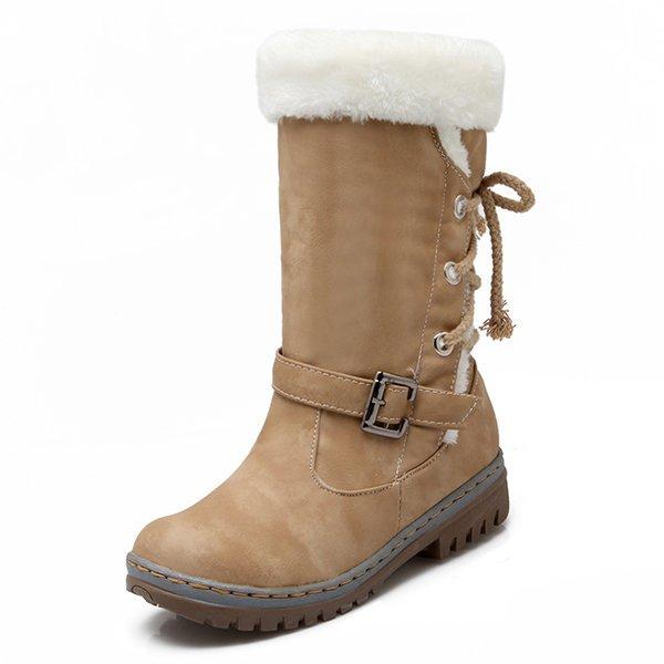 Womens Snow Boots Buckle Fur Lining Mid Calf Flat Boots