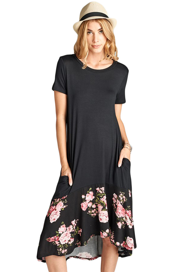 Black Hi-low Floral Ruffle Hem Midi Dress