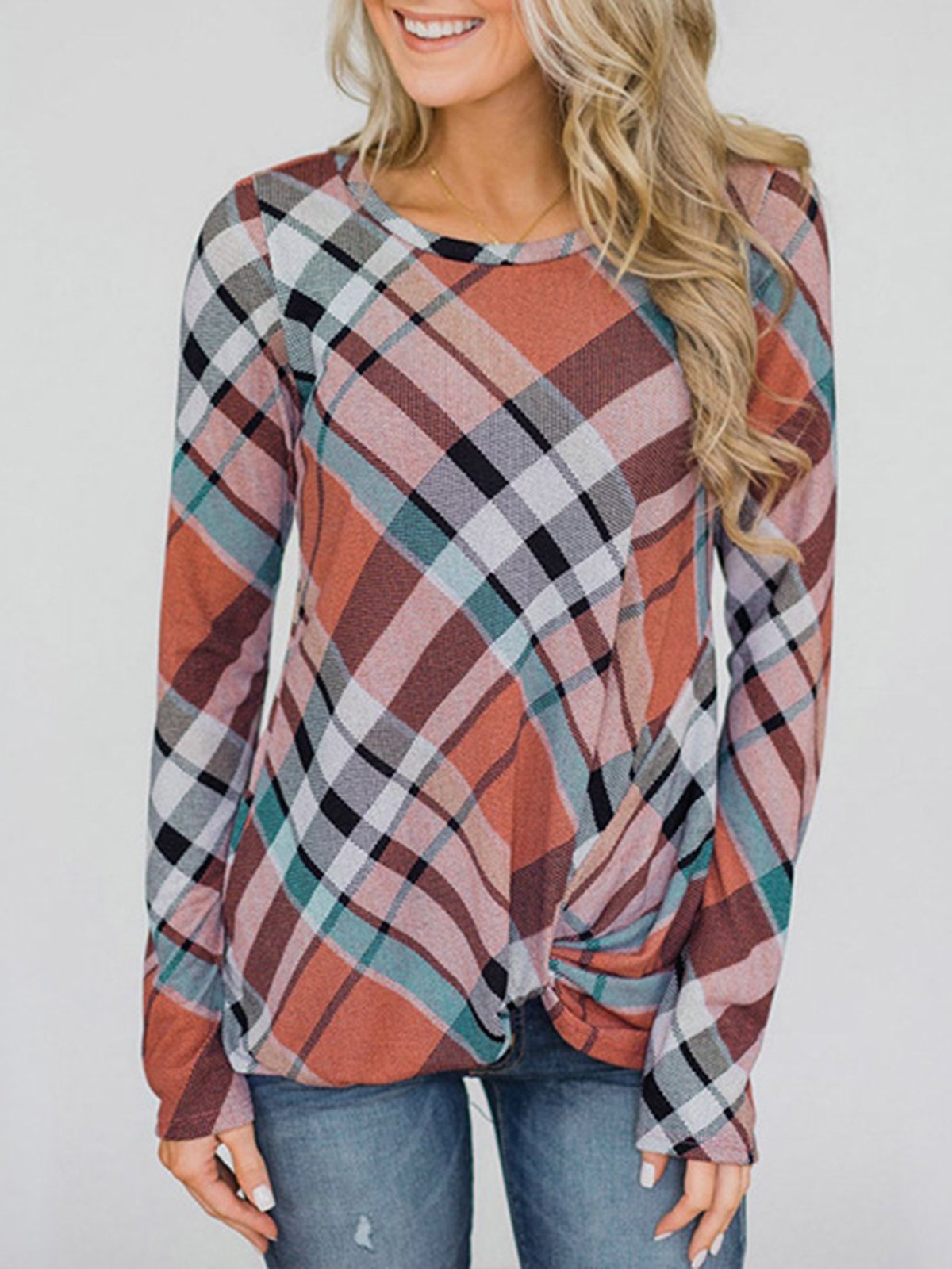 Women Paneled Long Sleeve Gingham T-Shirts