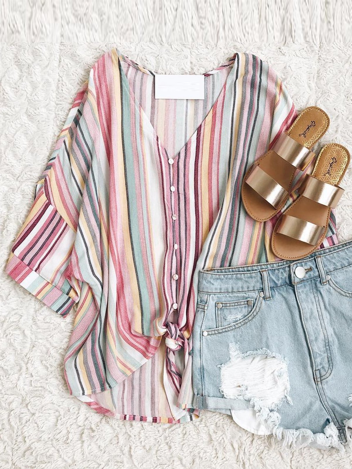 Multicolor Striped Cotton V Neck Short Sleeve Casual Tops