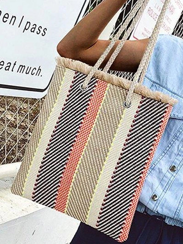 Women's Casual Striped Linen Woven Zipper Tote Bag