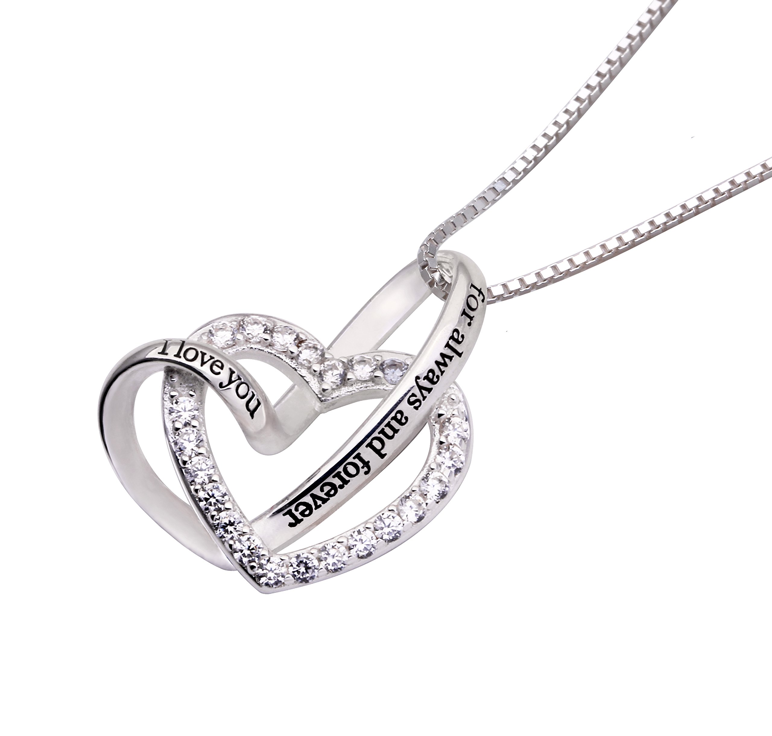 ALOV Jewelry Sterling Silver I love you for always and forever Love Heart Cubic Zirconia Necklace