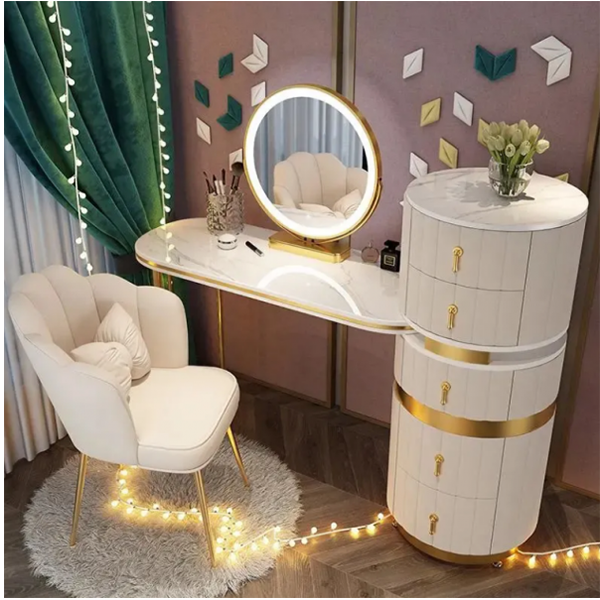 Dressing Table Set Dressing table with round mirror 2 large drawers with round sliding rails Padded stool 80.9 x 35.8 x 14.0 inches