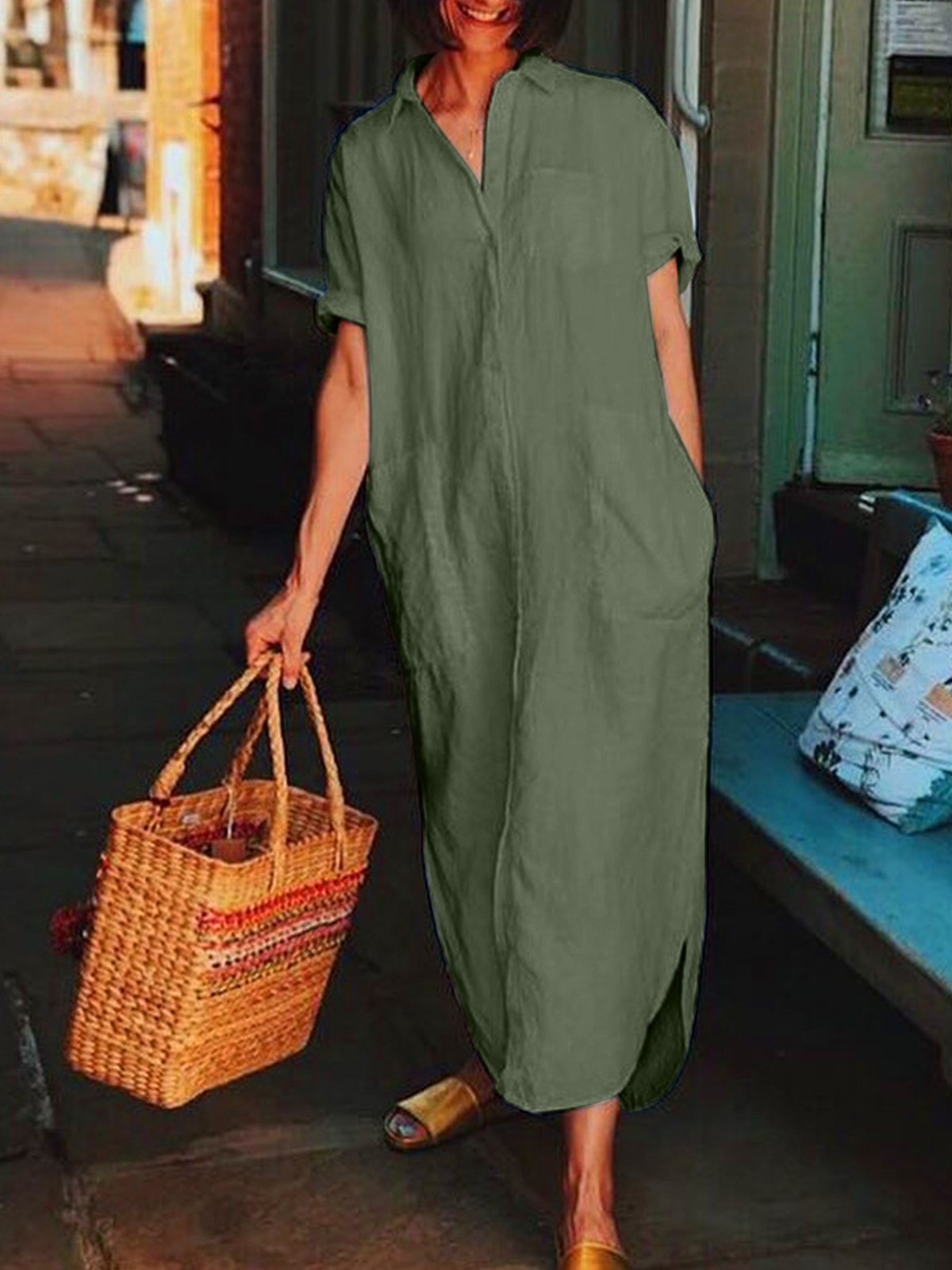 Plus Size short sleeve  V-neck  Elegant Casual  Midi  Dress