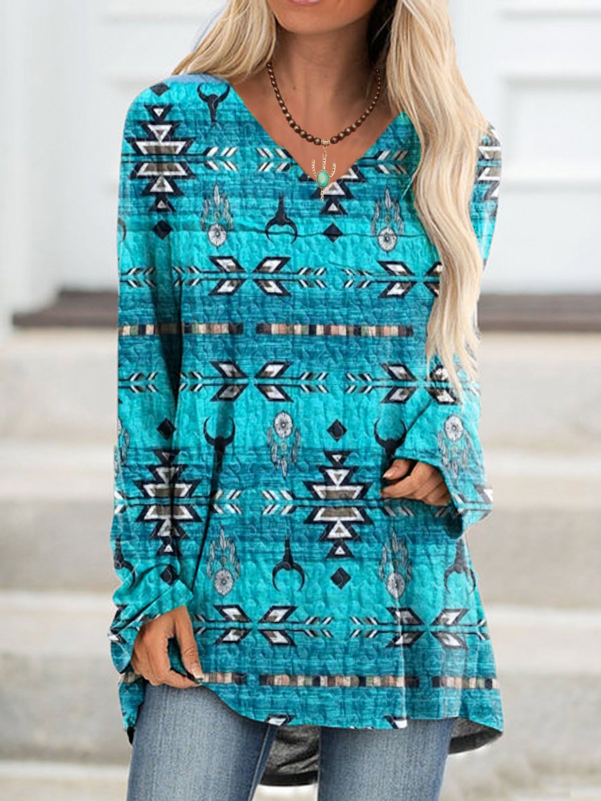 Geometric Shift V Neck Long Sleeve Shirts & Tops