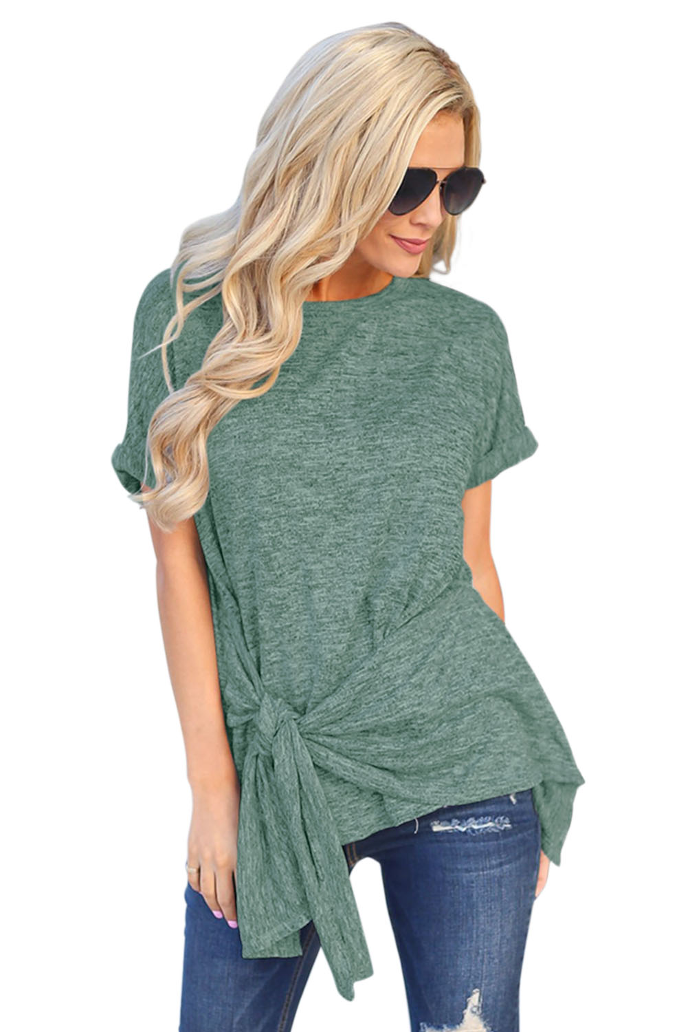 Green Wrap Self Tie Waist Short Sleeve Top