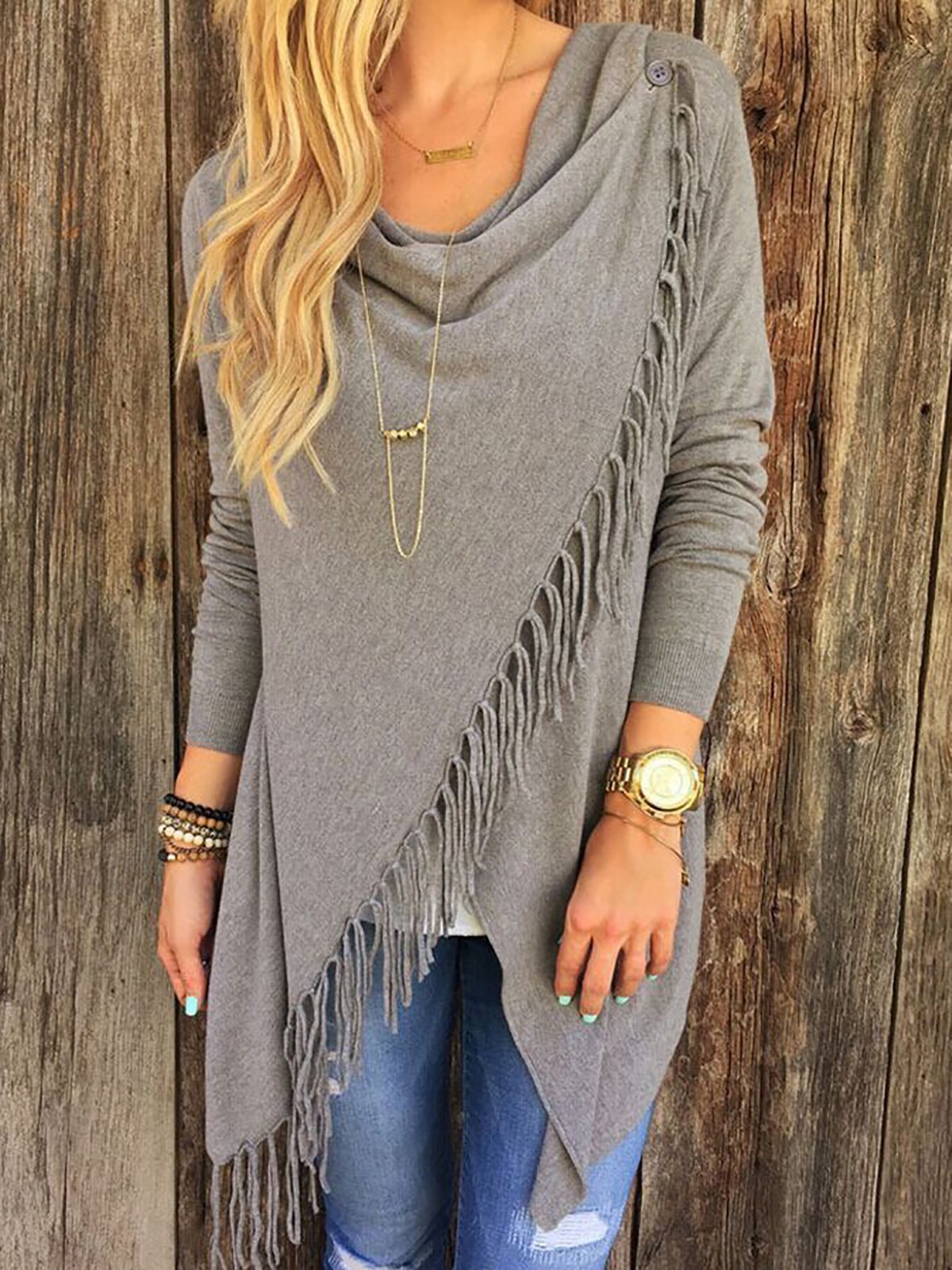 Casual Fringed Long Sleeve Asymmetrical T-Shirt