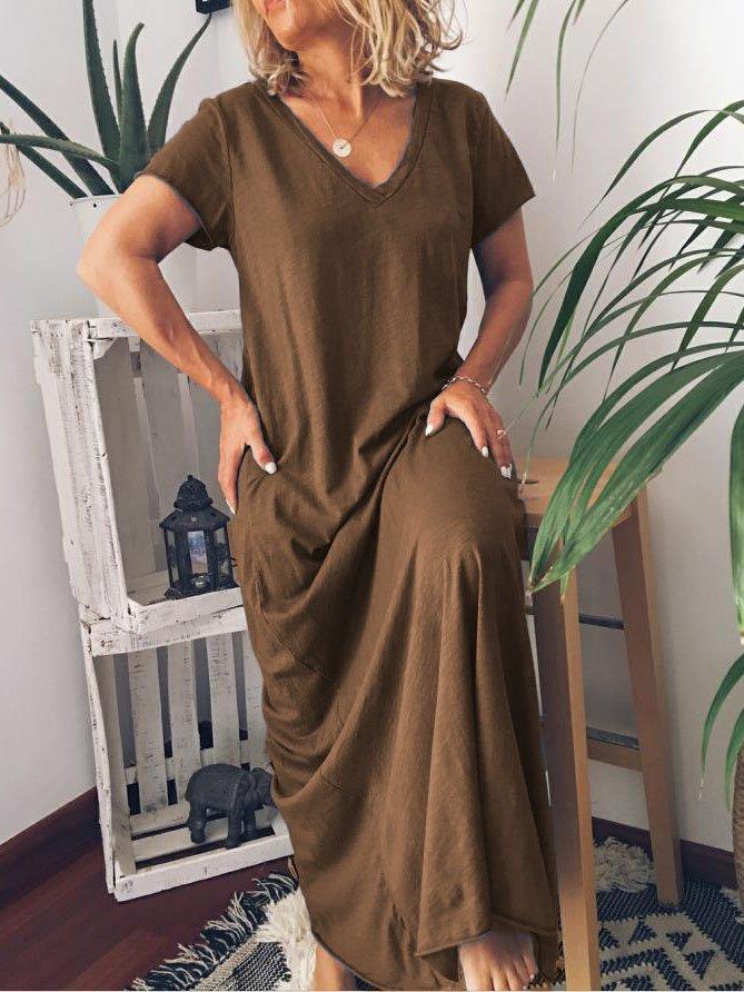 Plus Size Casual Sleeve V Neck Solid Short Sleeve Dresses