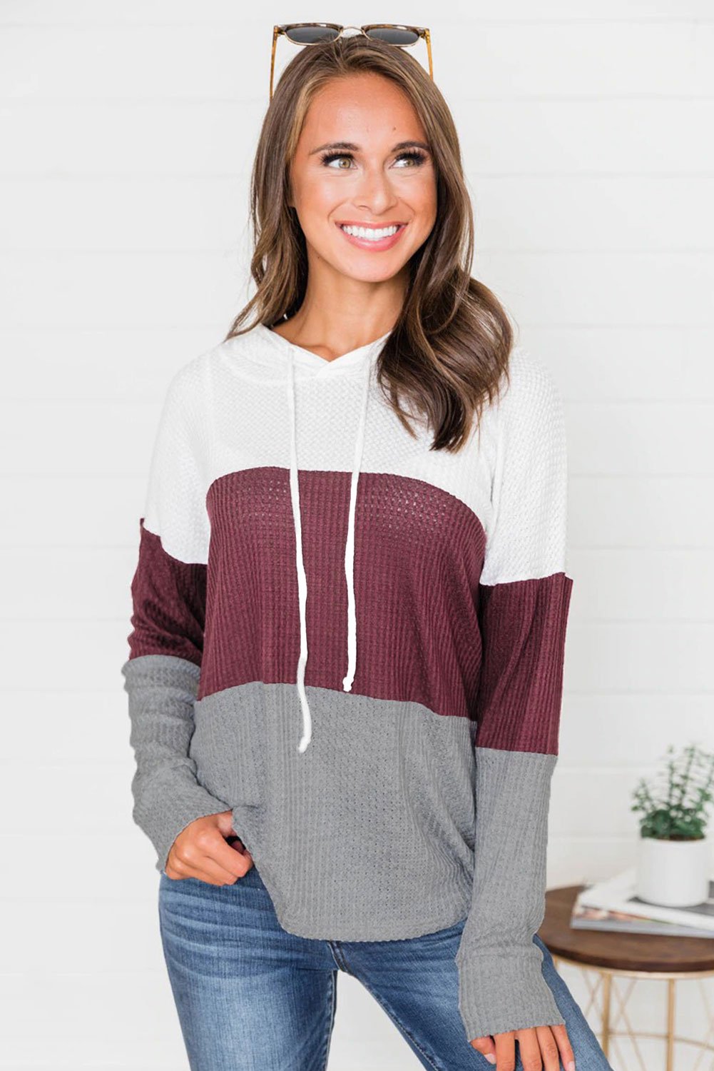 Red Color Block Drawstring Thumbhole Hoodie