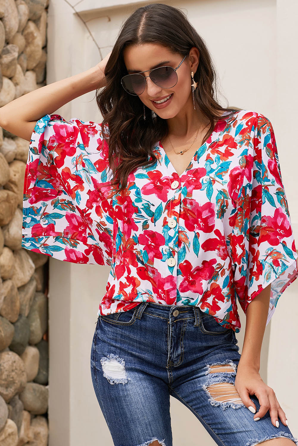Rose V Neck Floral Kimono Top