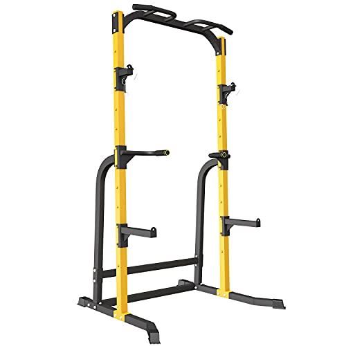 ZENOVA Power Rack Squat Rack Fitness Pull Up Bar Station Weightlifting Barbell Rack with J-Hooks, Dip Bar (Yellow)