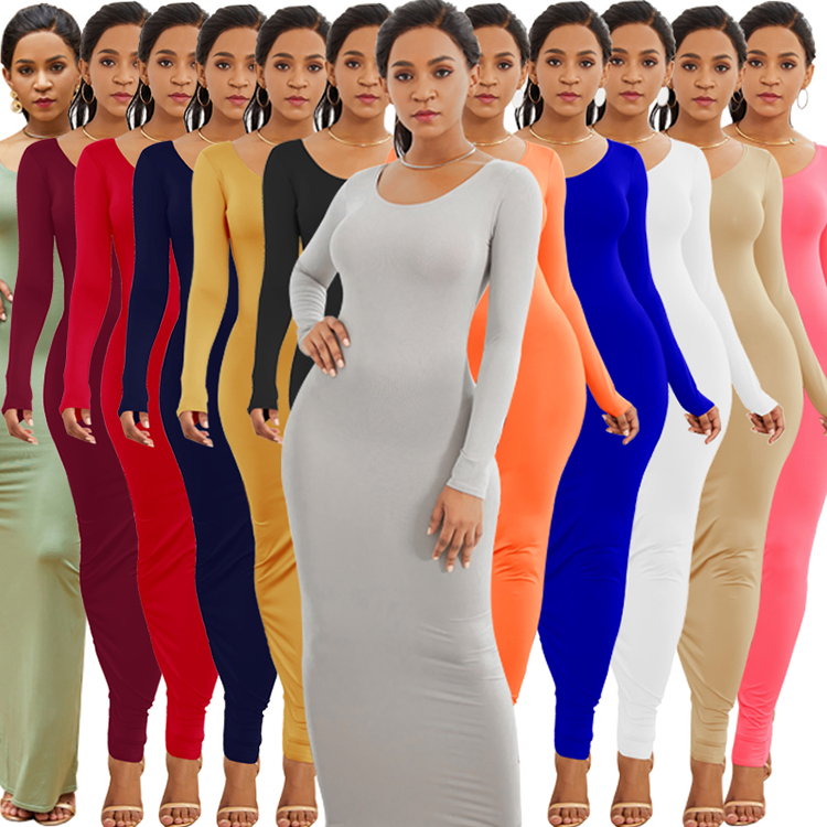 Women long sleeve Round Neck dresses sweater maxi Solid color sexy bodycon club dress
