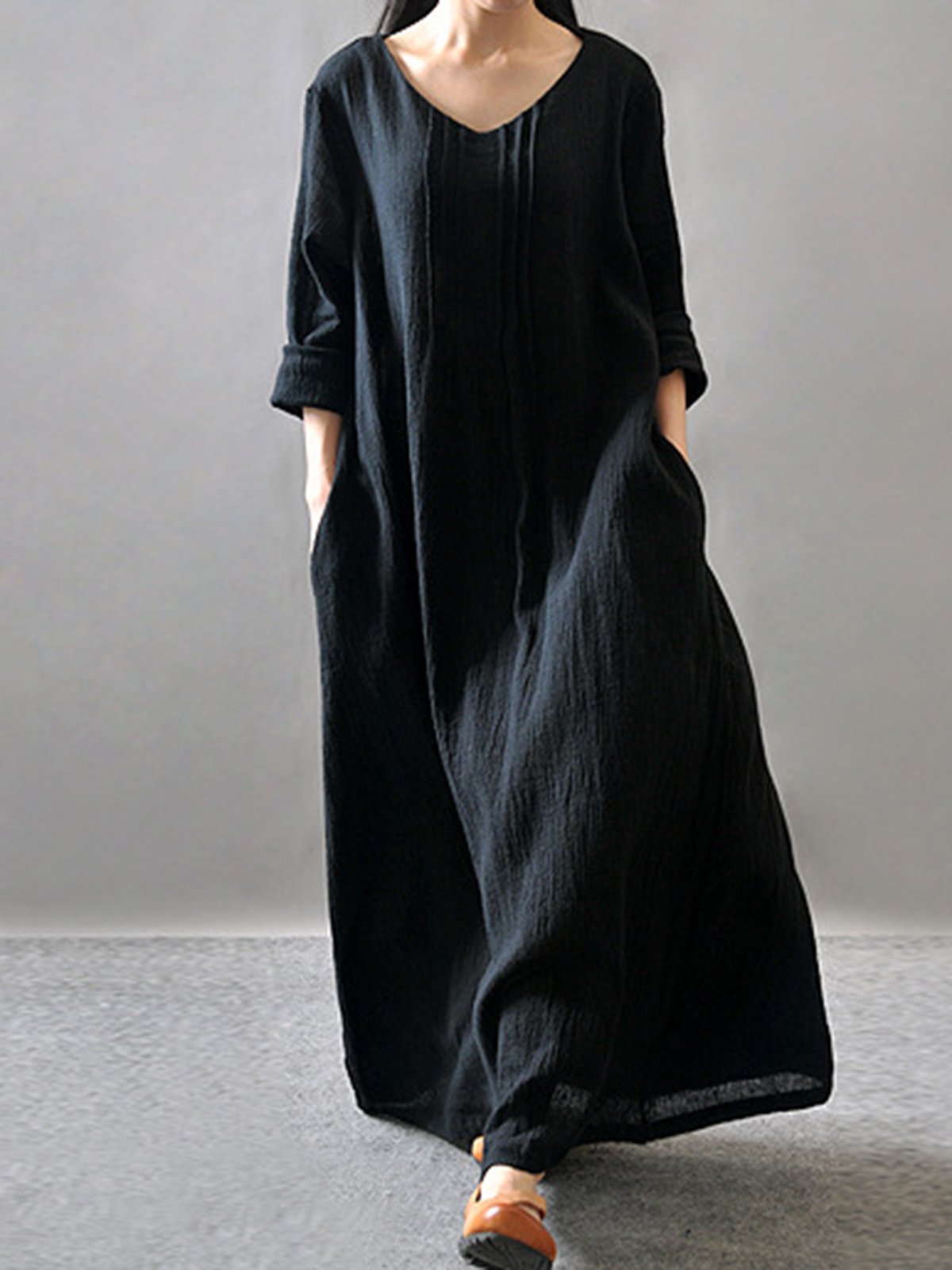 Ruched Long Sleeve Pockets Swing Solid Dress