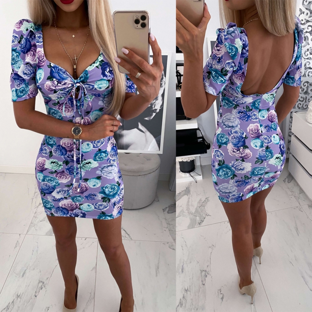 Low Back Sext Floral Square Mini Dress with Pop Sleeves