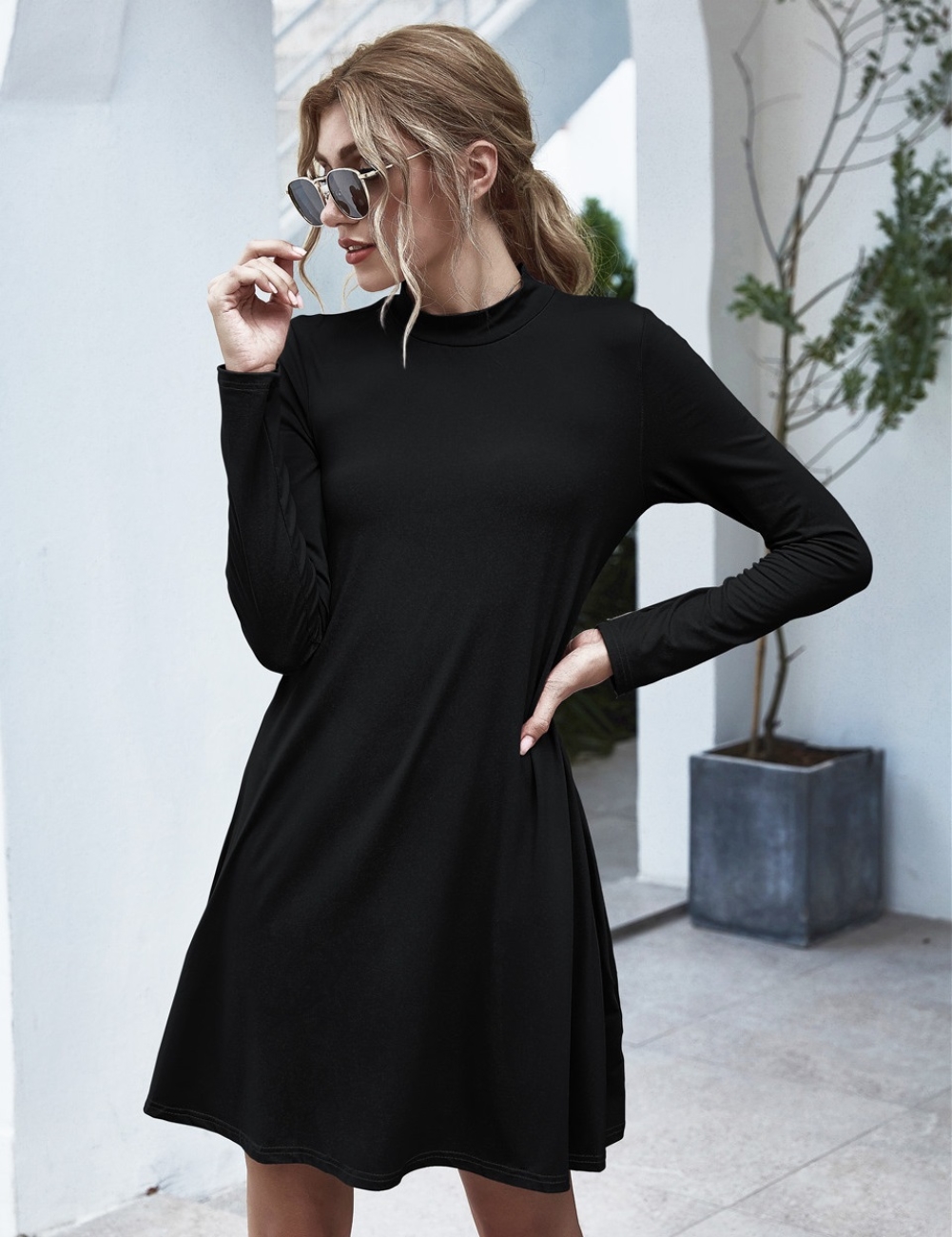 Autumn Plain A-Line Pocket Shirt Dress