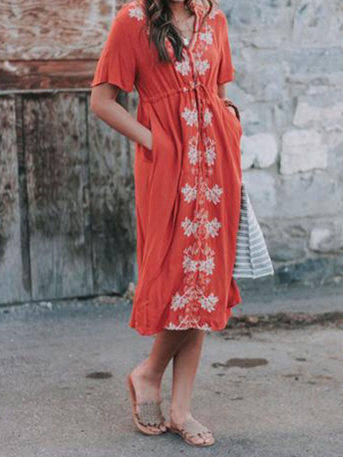 Half Sleeve V Neck A-Line Dresses