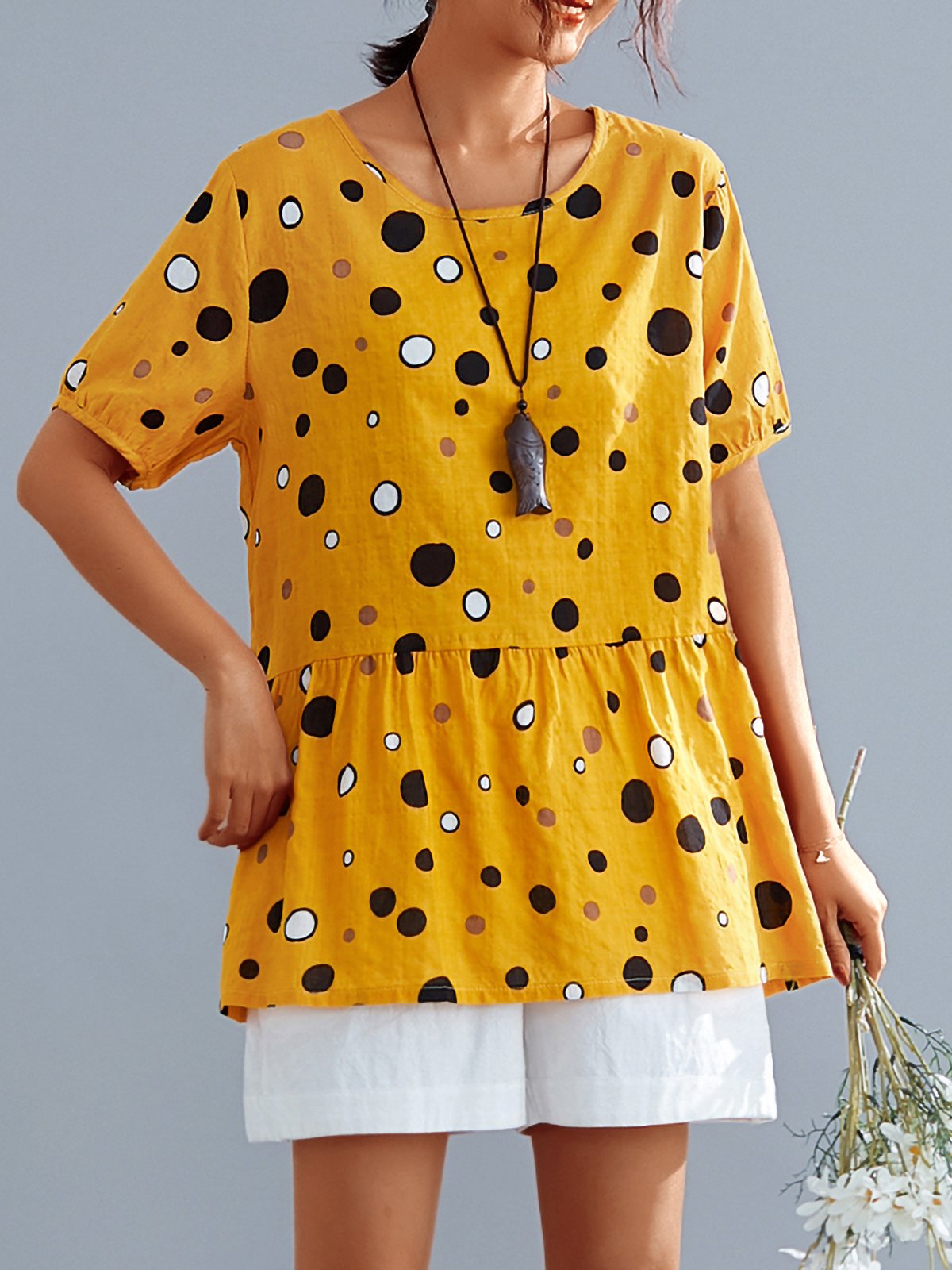 Plus Size Women Short Sleeve Round Neck Vintage Polka Dots Floral Casual Tops