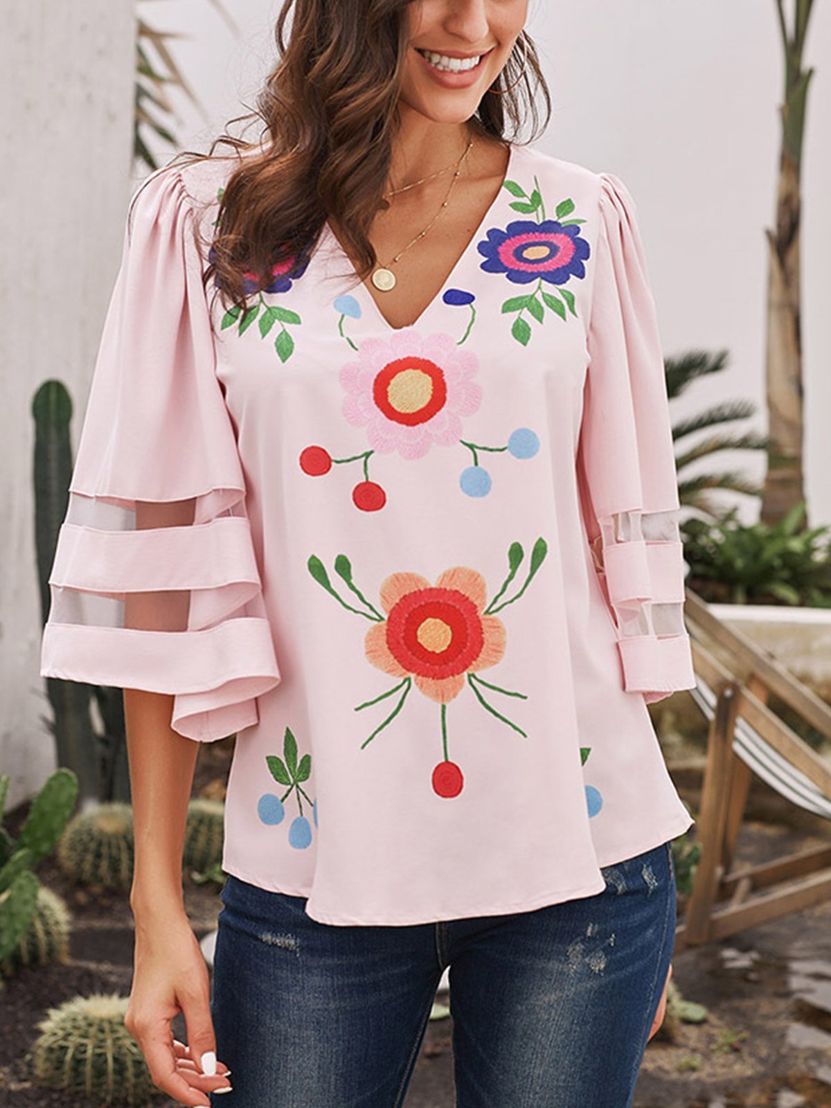 Boho Short Sleeve Cotton-Blend Printed Shirts & Tops