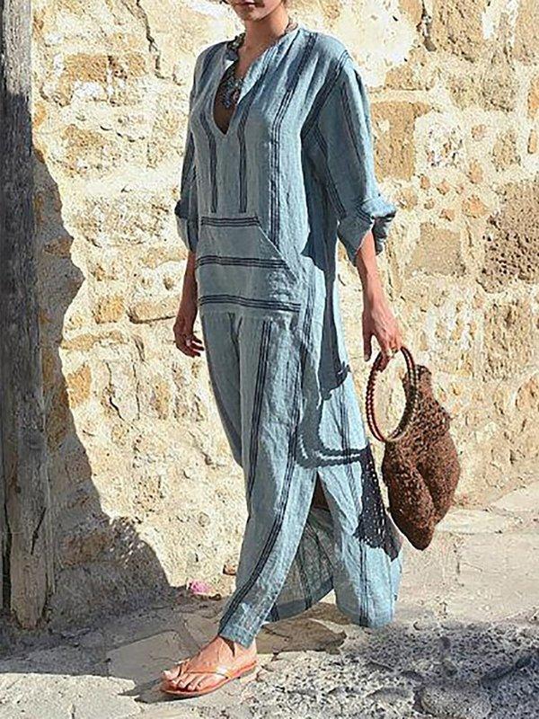 Plus Size Women Shift Daily Linen Long Sleeve Pockets Striped Dress