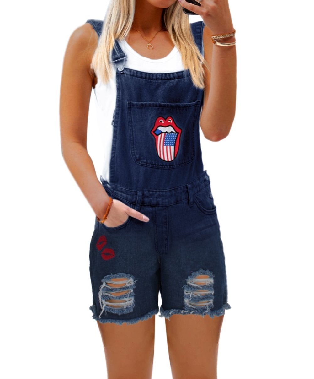 Casual Tongue Print Ripped Denim Suspender Shorts