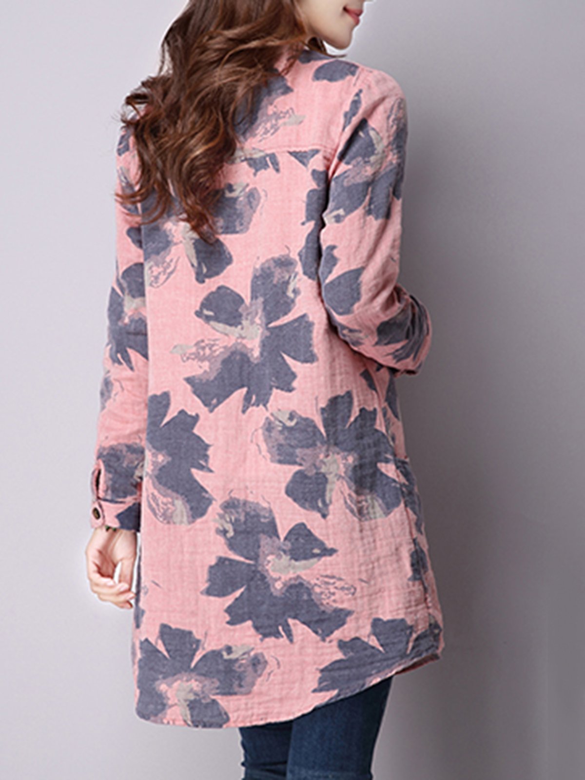 Stand Collar Casual Linen Long Sleeve Printed Coat