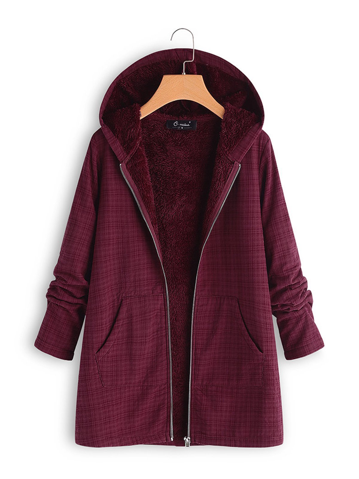 Wine Red Hoodie Zipper Solid Casual Coats