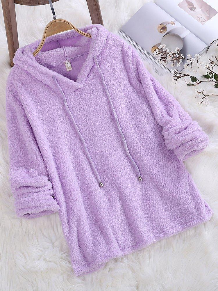 Women Winter a Long Hooded Sweatshirt Mohair Solid Color