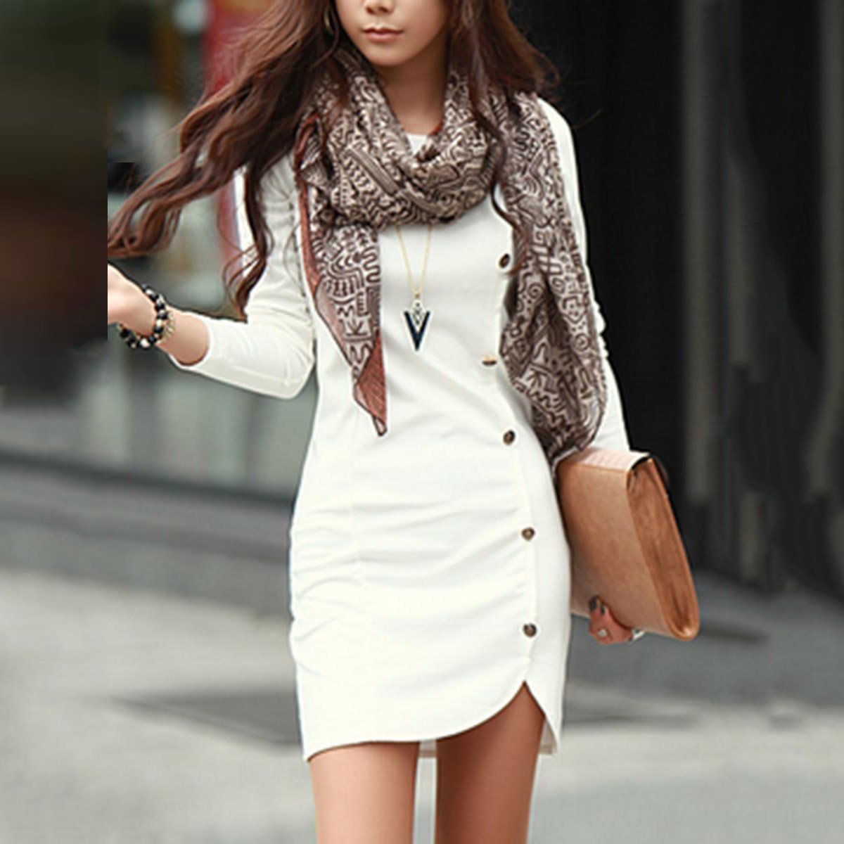 Round Neck Plain Decorative Button Slit Bodycon Dresses