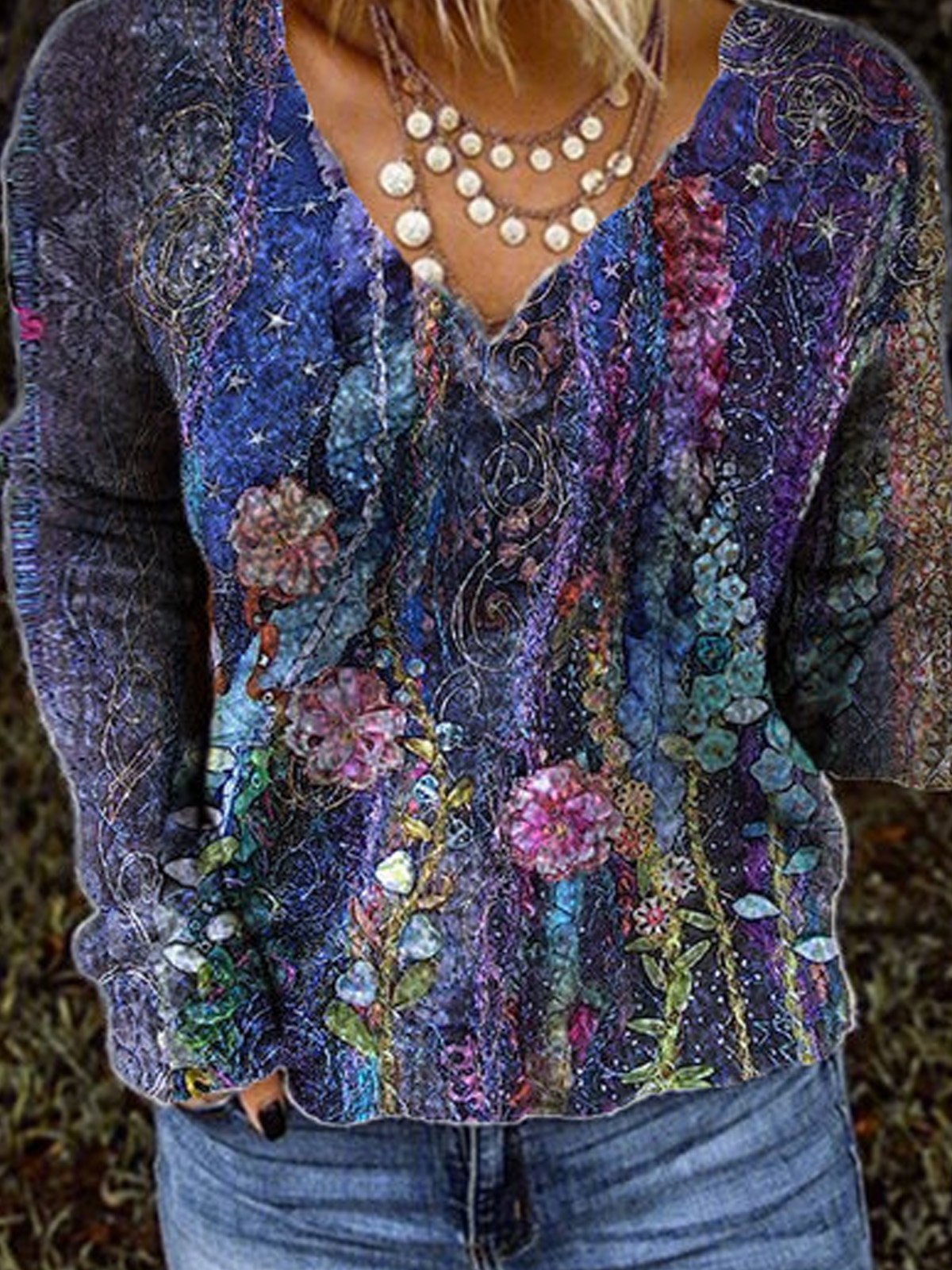 V Neck Leaves Casual Sweater