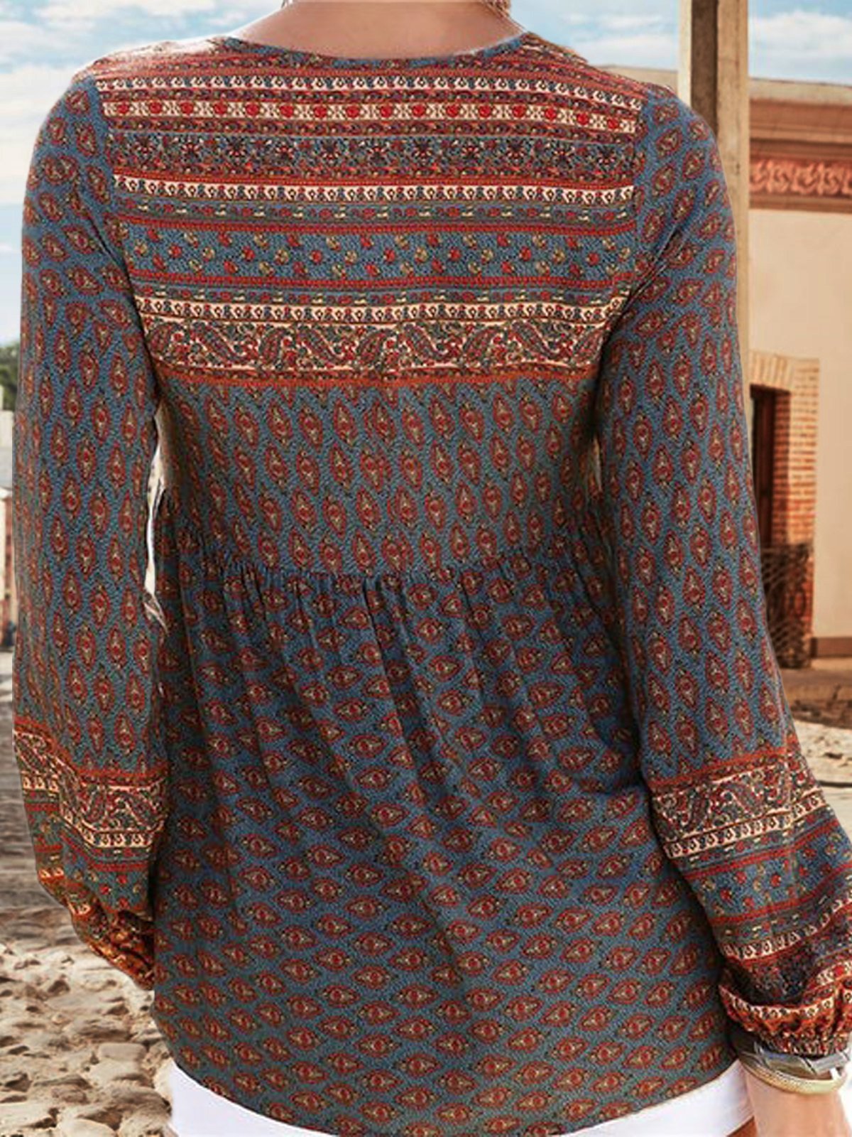 Tribal V Neck Long Sleeve Blouse