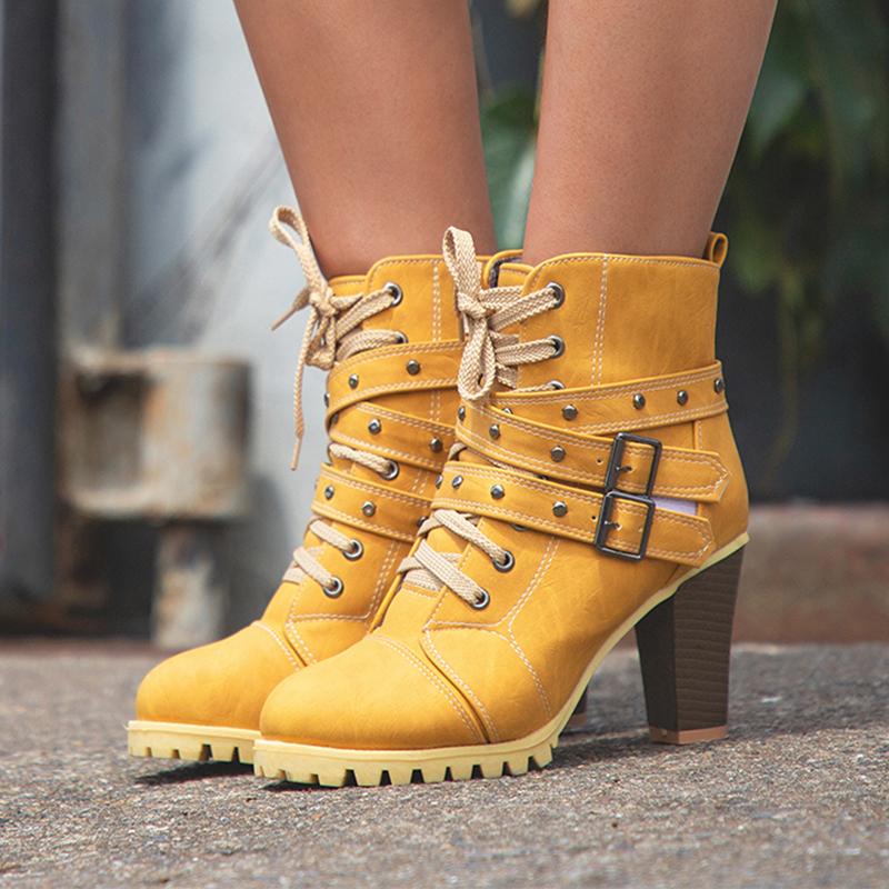 Women Lace Up Booties Casual Comfort Chunky Heel Shoes