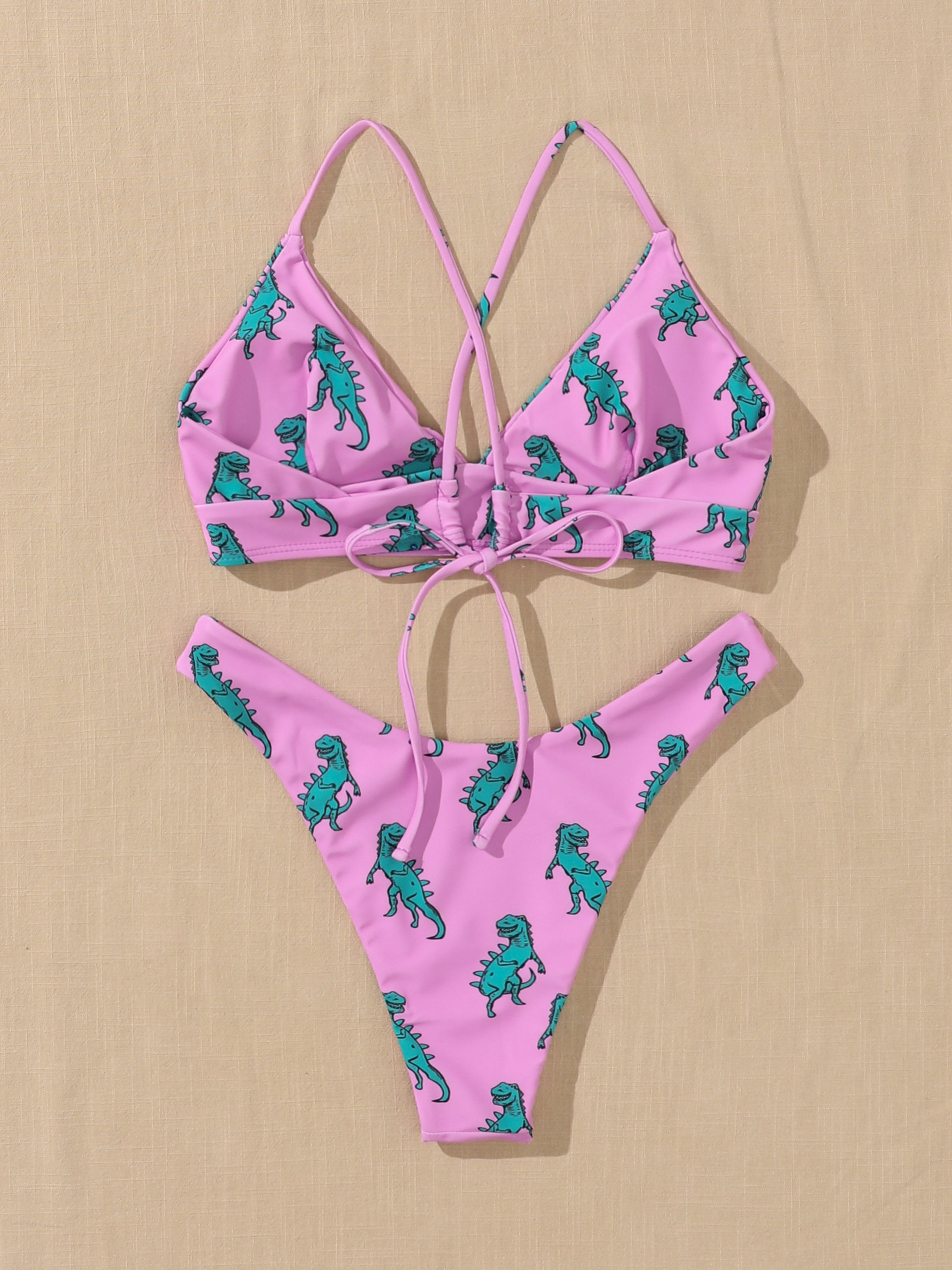Dinosaur Graphic V-Neck Backless Bikini
