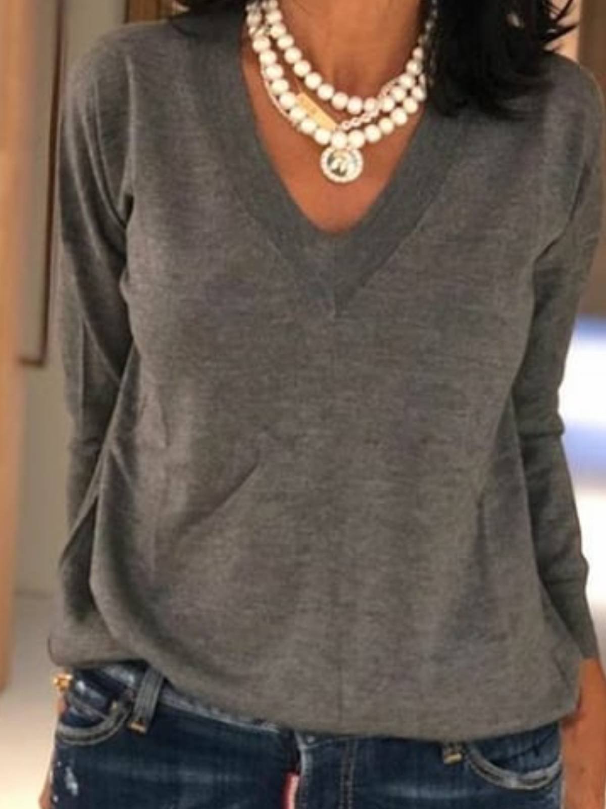 Casual V Neck Plain Shirts & Tops
