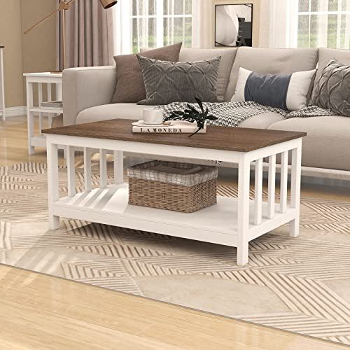 ChooChoo White Coffee Table, Farmhouse Living Room Table with Shelf / 40 Inch