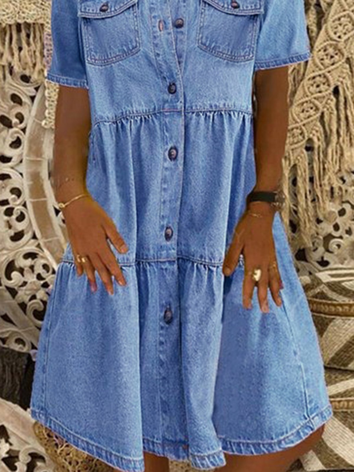 Denim Daily Casual Shirt Collar Short Sleeve Buttoned Pockets A-line Dresses
