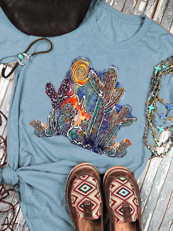 Blue Short Sleeve Abstract Casual Shirts & Tops