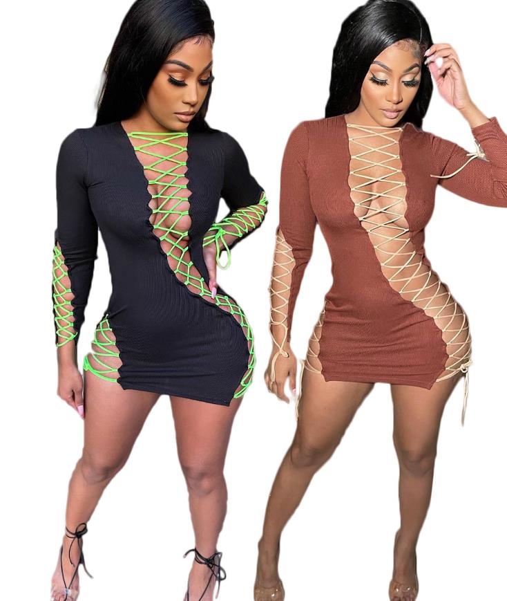 Womens new lace-up solid color irregular lace-up embroidered sexy dress SSD2102105