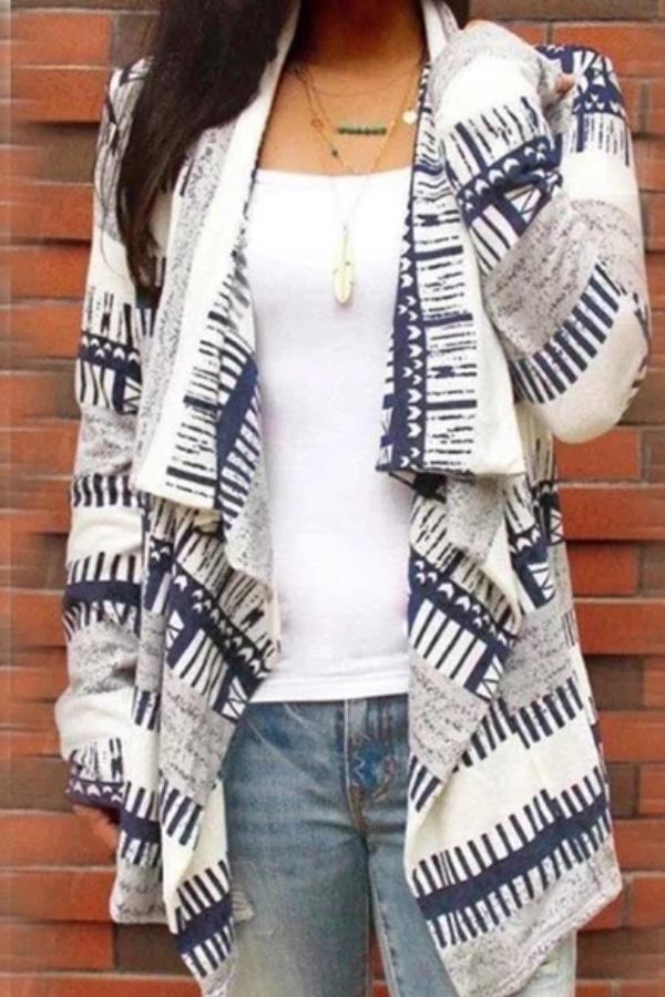 Bohemian Turndown Collar Printed Colour Cardigan