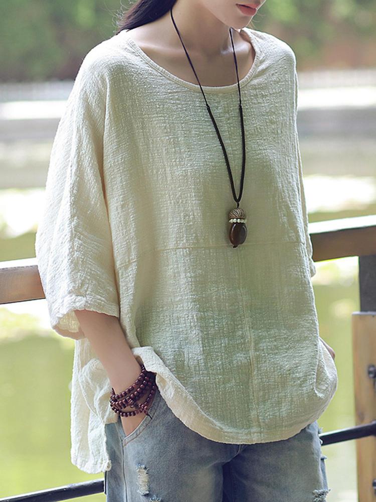 New Women Casual Loose Solid O-neck Shirt Half Sleeve Cotton Linen Top
