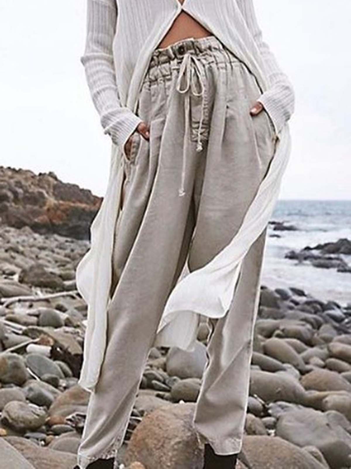 Gray Casual Cotton-Blend Plain Pants