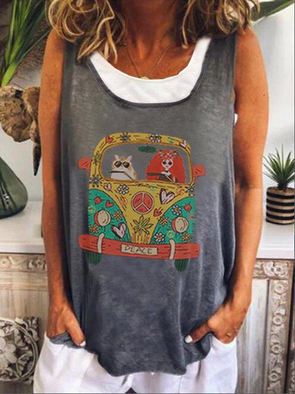 Round Neck Sleeveless Cartoon Car Print Casual Top