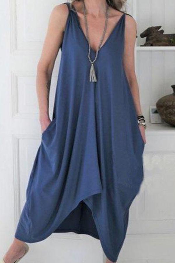 Sexy Solid Color V-Neck Irregular Dress
