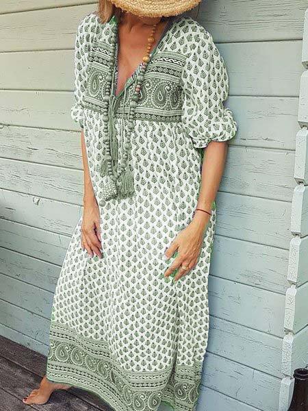 Floral V Neck Half Sleeve Cotton Dresses