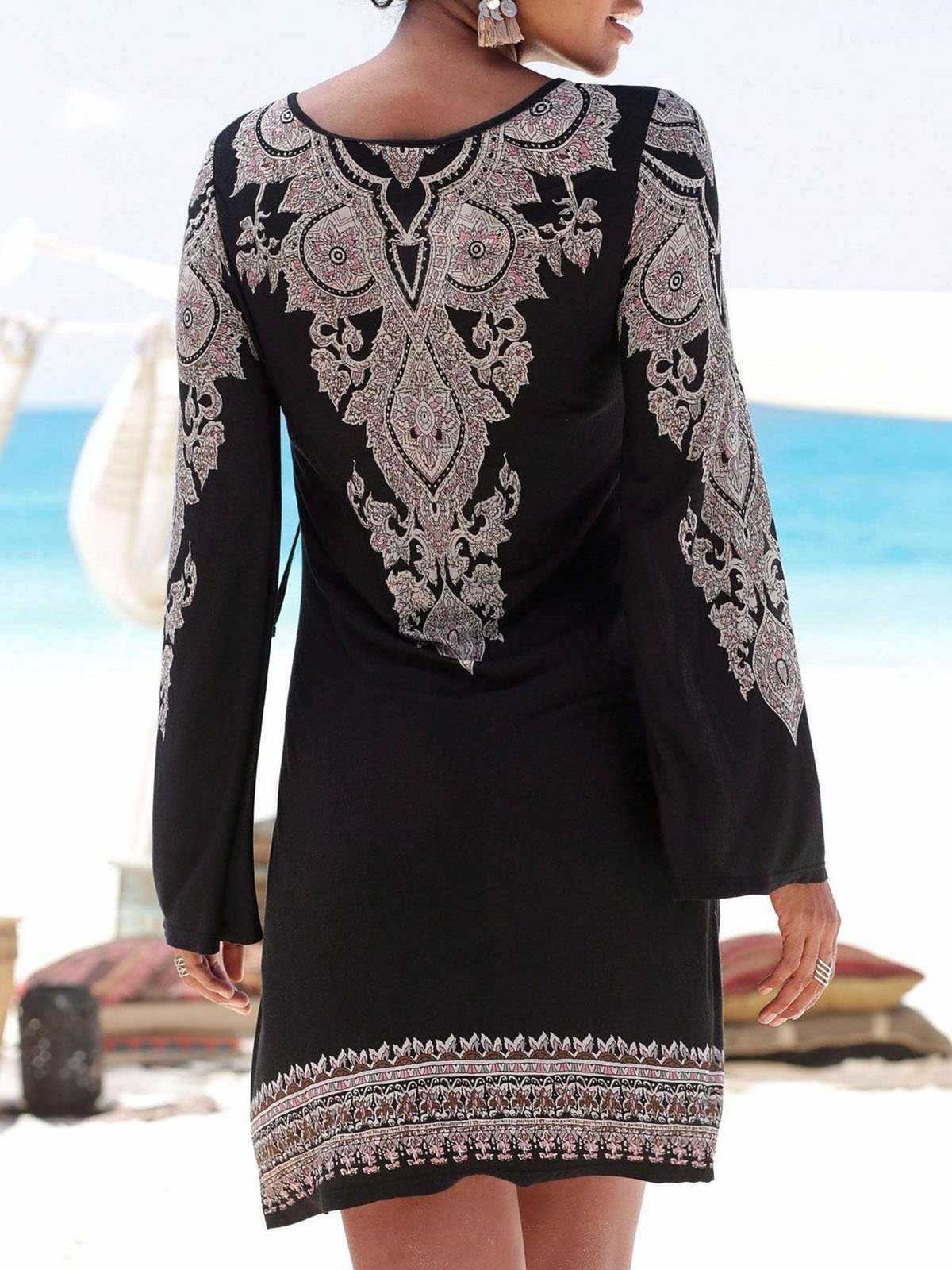 V Neck Black Women Fall Dresses Shift Daytime Geometric Dresses