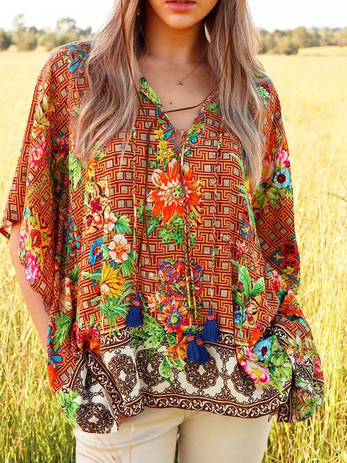 Batwing V Neck Boho Shirts & Tops