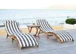 SAFAVIEH Outdoor Collection Pacifica Natural/ Grey Stripe Cushion 3-Piece Chaise Lounge Set with Table