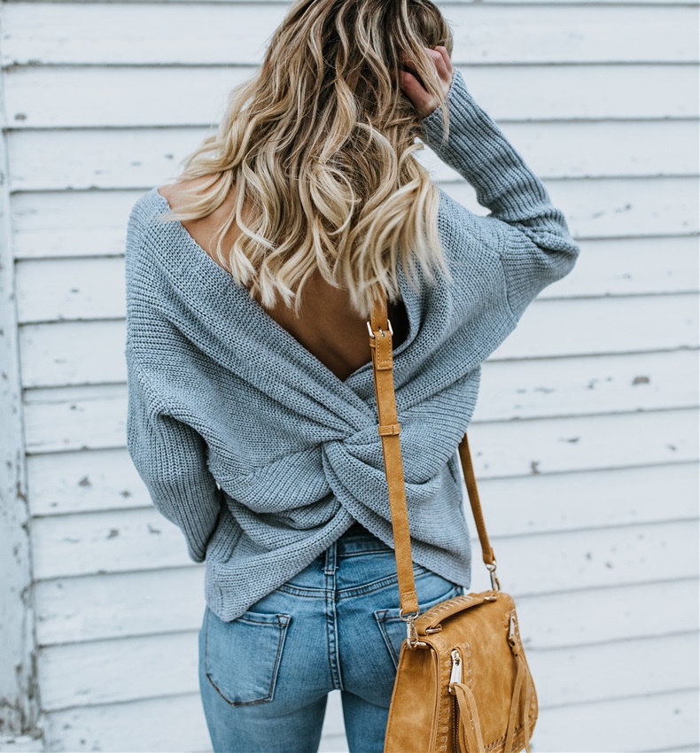 Autumn Sexy Cross Back Pullover Sweater with Bat Sleeves