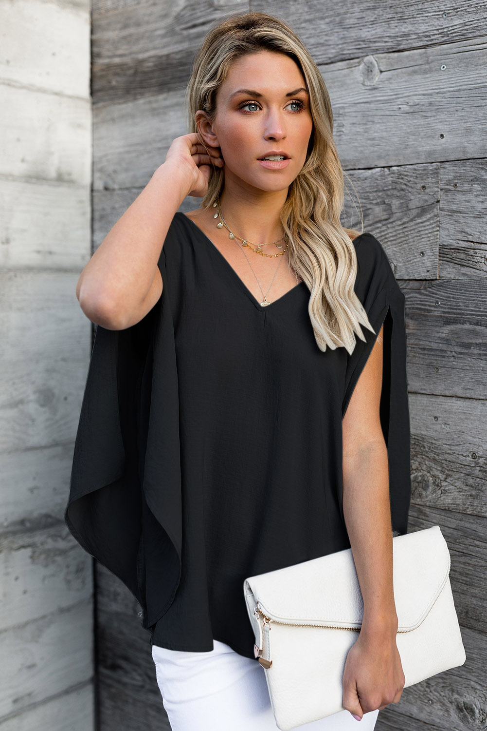 Black V-Neck Bowknot Three-Quarter Sleeve Blouse